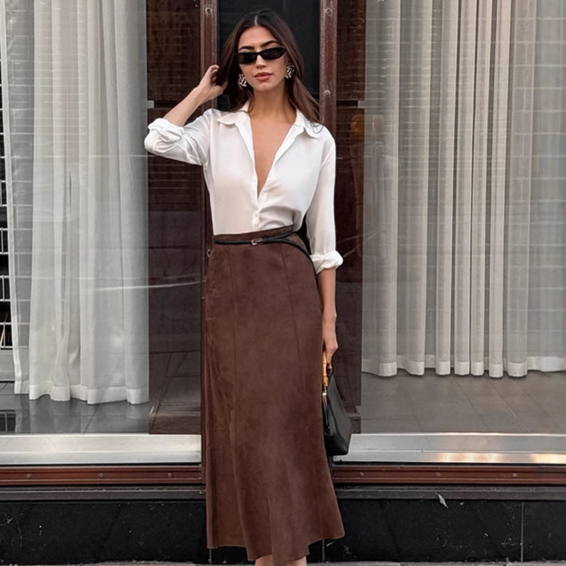 Brown High Waist Velvet Skirt